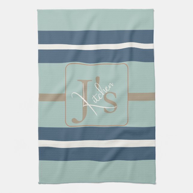 Personalized Blue Mint Tan Stripe Monogram Coastal Tea Towel (Vertical)
