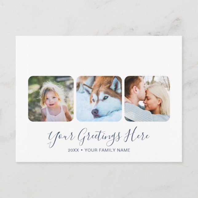 Personalized Blue Modern Greetings Cards 3 photos (Front)
