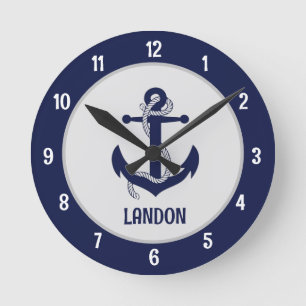 Personalized blue navy nautical marine anchor  rou round clock