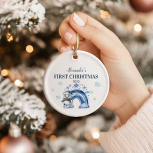 Personalized Blue Penguin Baby  First Christmas Ceramic Tree Decoration