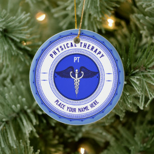Personalized Blue Physical Therapy Caduceus Ceramic Tree Decoration