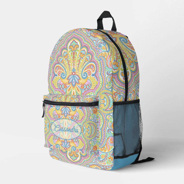 Personalized Blue Pink Purple Orange Paisley Art Printed Backpack (Back Corner Right)