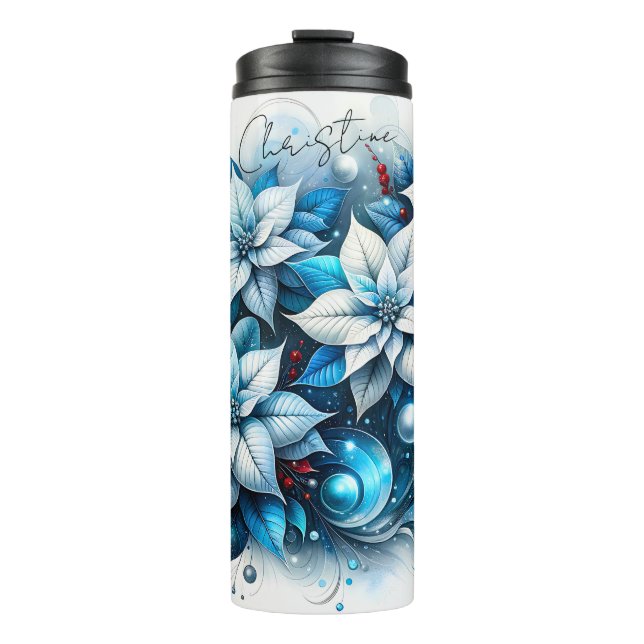 Personalized Blue Poinsettias Thermal Tumbler (Front)