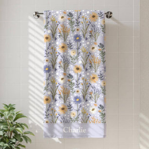 Personalized Blue Polka Dot Flower Kids Beach Towel