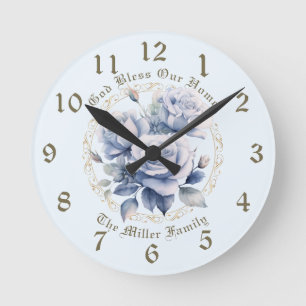 Personalized Blue Rose Clock God Bless Our Home