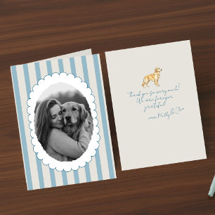 Personalized Blue Striped Photo Golden Retriever Thank You Card