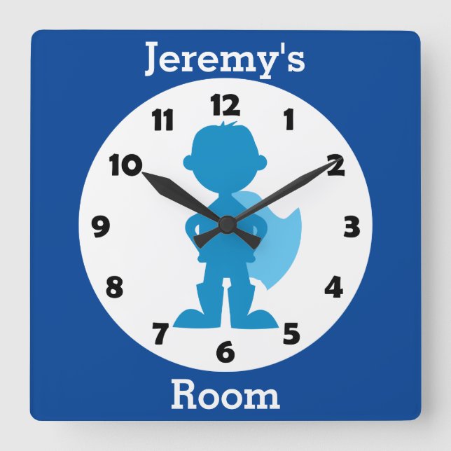Personalized Blue Superhero Boy Kids Room Square Wall Clock (Front)