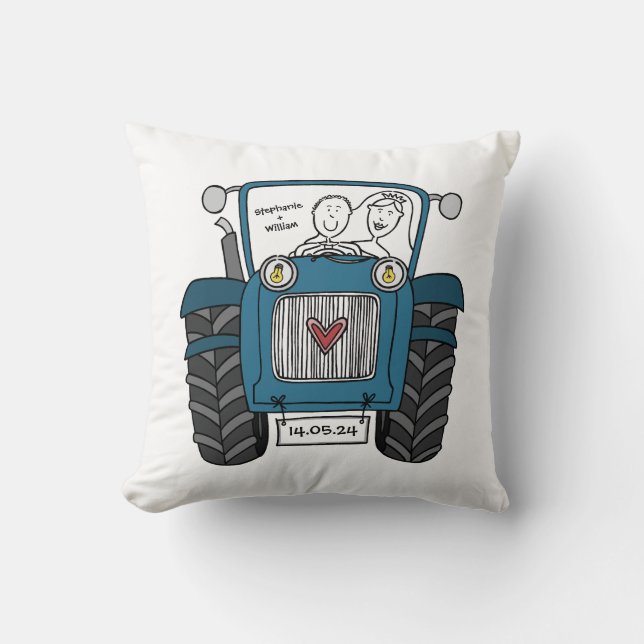 Personalized Blue Tractor Country Farm Wedding Cushion (Front)