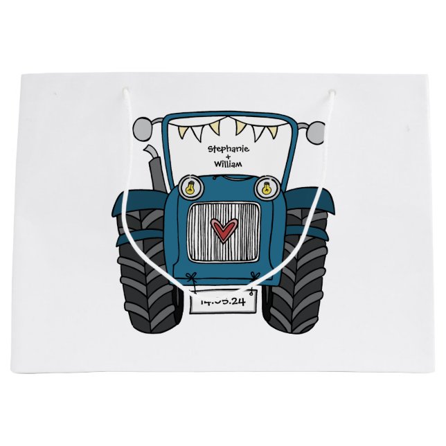Personalized Blue Tractor Country Wedding Gift Bag (Front)