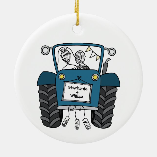 Personalized Blue Tractor Country Wedding Gift Ceramic Tree Decoration (Back)