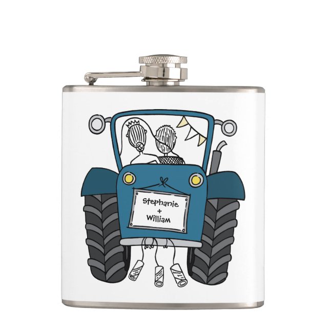 Personalized Blue Tractor Country Wedding Gift Hip Flask (Front)