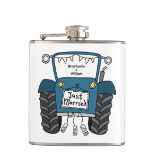 Personalized Blue Tractor Country Wedding Gift Hip Flask