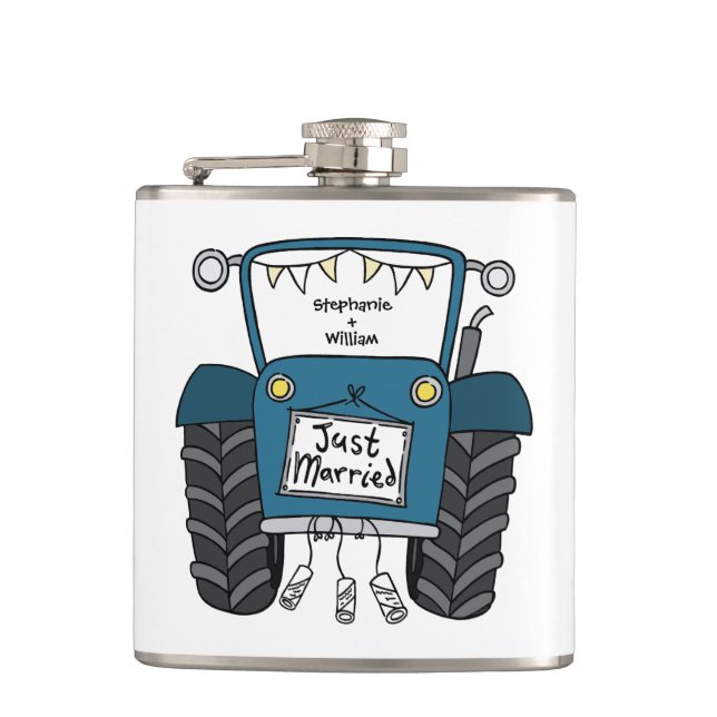 Personalized Blue Tractor Country Wedding Gift Hip Flask (Front)