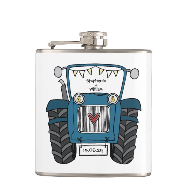 Personalized Blue Tractor Country Wedding Gift Hip Flask (Front)