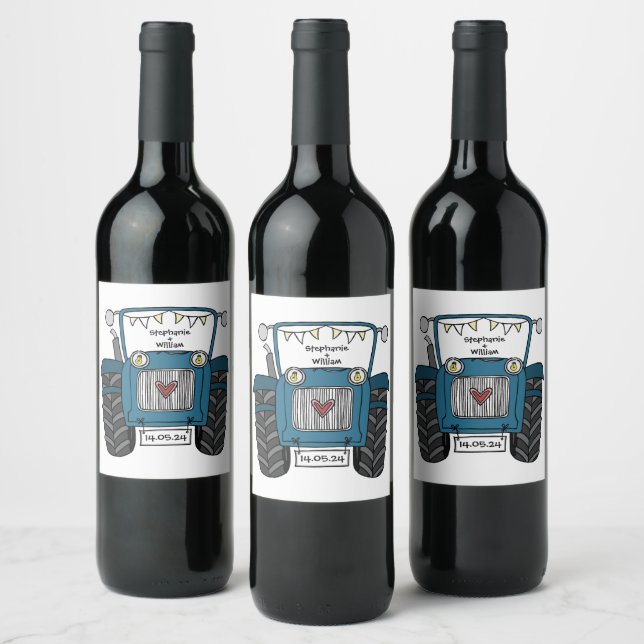Personalized Blue Tractor Country Wedding  Wine Label (Bottles)