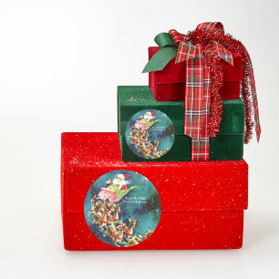 Personalized Blue Vintage Santa Claus and Reindeer Classic Round Sticker