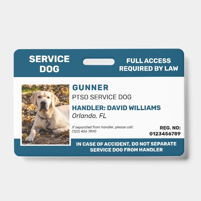 Personalized Blue White Service Dog Photo ID Badge (Front)