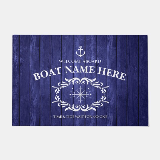 Personalized Blue wood effect boat door mat  (Front)