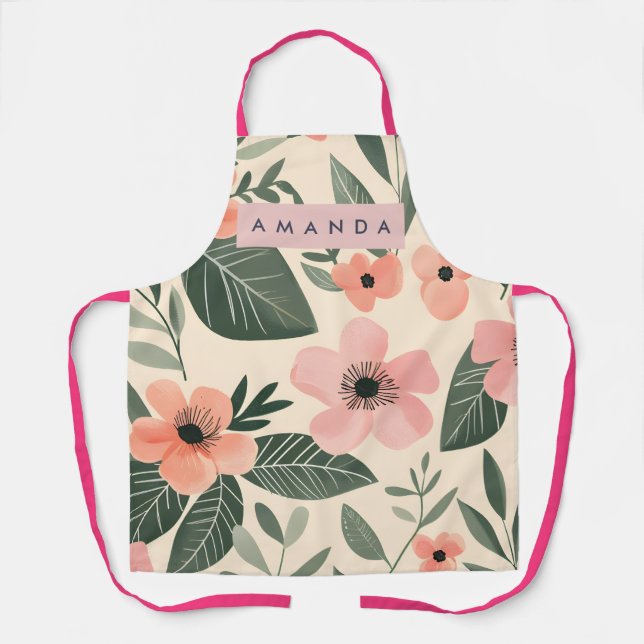 Personalized Blush Coral Flower Leaves Apron (Front)