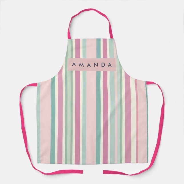 Personalized Blush Mint Pastel Stripes Apron (Front)
