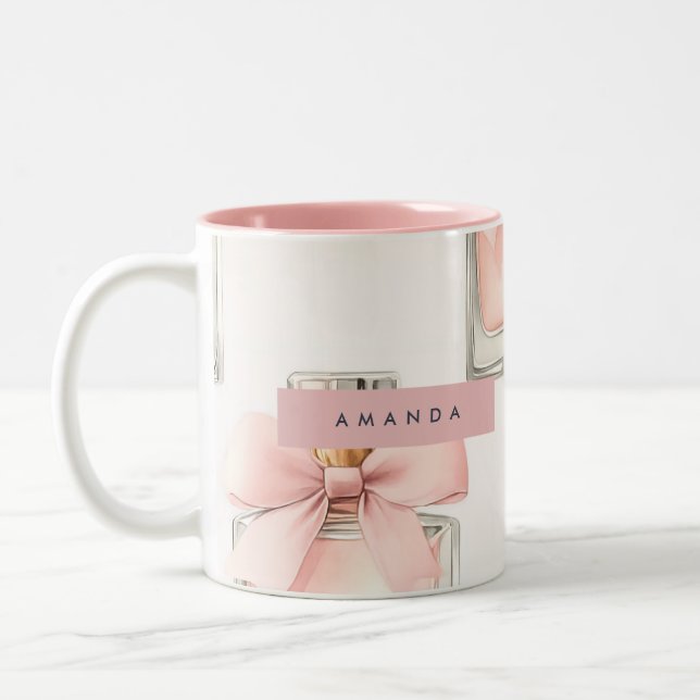 Personalized Blush Perfume Bottle Coquette Pattern Two-Tone Coffee Mug (Left)