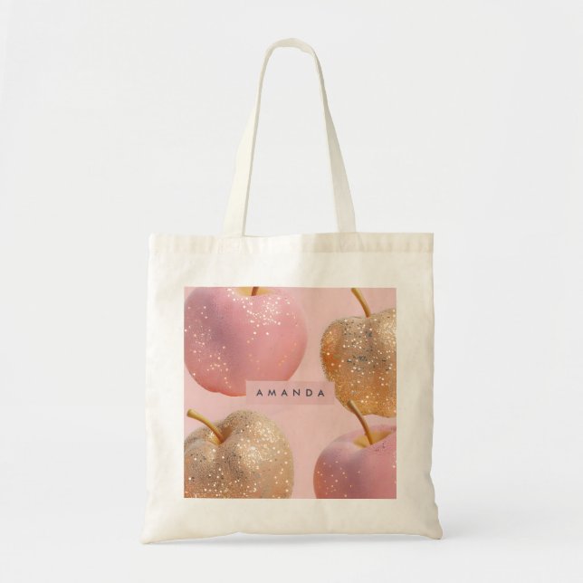 Personalized Blush Pink and Gold Glitter Apple  Tote Bag (Front)