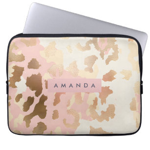 Personalized Blush Pink and Gold Leopard Print Laptop Sleeve