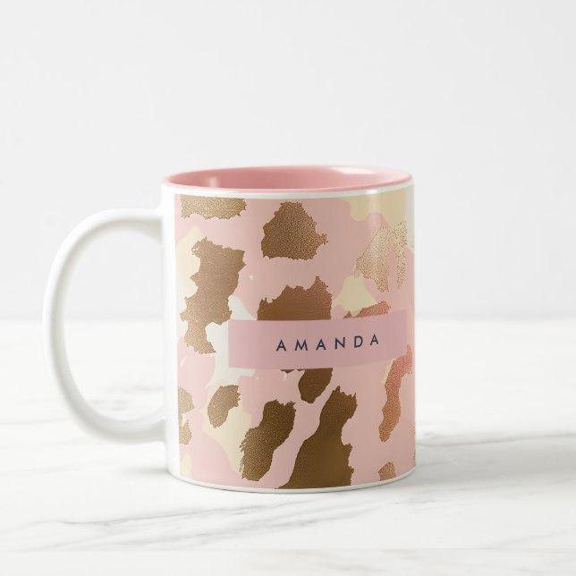 Personalized Blush Pink and Gold Leopard Print Two-Tone Coffee Mug (Left)