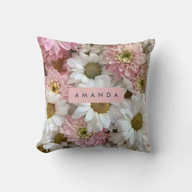 Personalized Blush Pink and White Daisy Flower Cushion (Front)