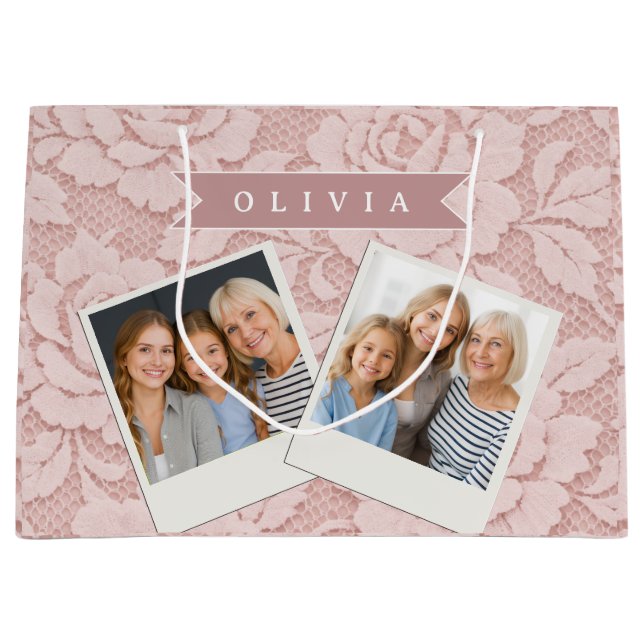 Personalized Blush Pink Lace Floral Romantic Large Gift Bag (Front)