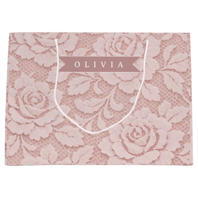 Personalized Blush Pink Lace Floral Romantic Large Gift Bag (Front)