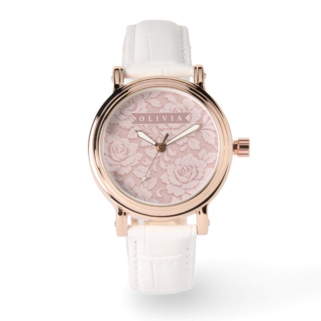 Personalized Blush Pink Lace Floral Romantic Watch (Front)