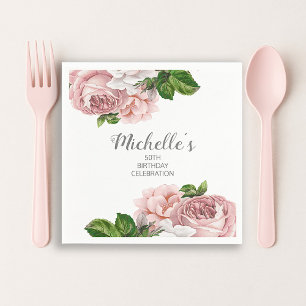 Personalized Blush Pink Watercolor Floral Birthday Napkin