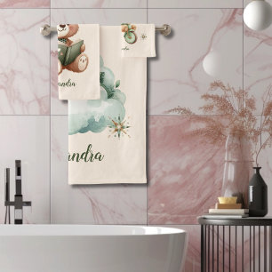 Personalized Boho Green Teddy Bear Bath Towel Set