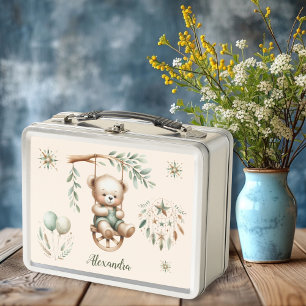 Personalized Boho Green Teddy Bear Metal Lunch Box