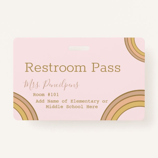 Personalized Boho Rainbow Hall Pass Pink ID Badge (Back)