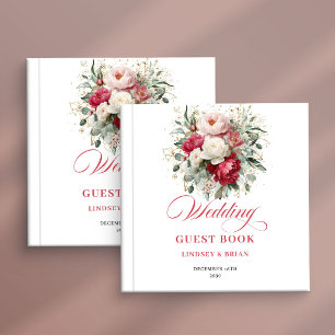 Personalized Boho Red White Floral Wedding Guest  Book