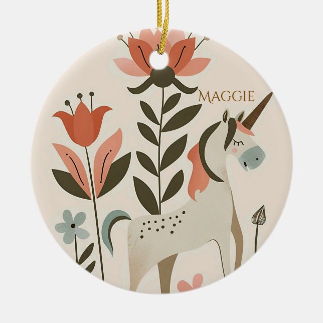 Personalized Boho Unicorn Wildflower Ceramic Tree Decoration (Front)