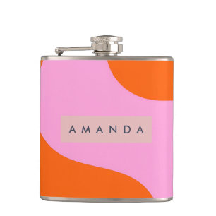 Personalized Bold Orange and Pink Wave Stripe Hip Flask