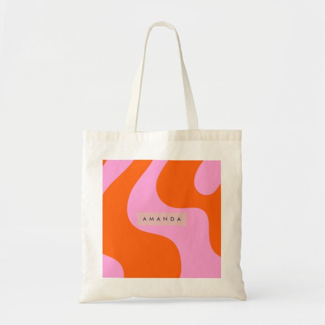 Personalized Bold Orange and Pink Wave Stripe Tote Bag (Front)