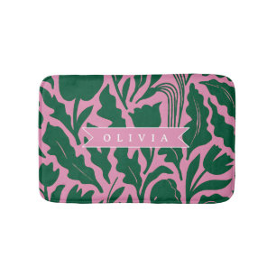 Personalized Bold Pink Botanical Floral Name Gift Bath Mat