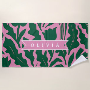 Personalized Bold Pink Botanical Floral Name Gift Beach Towel