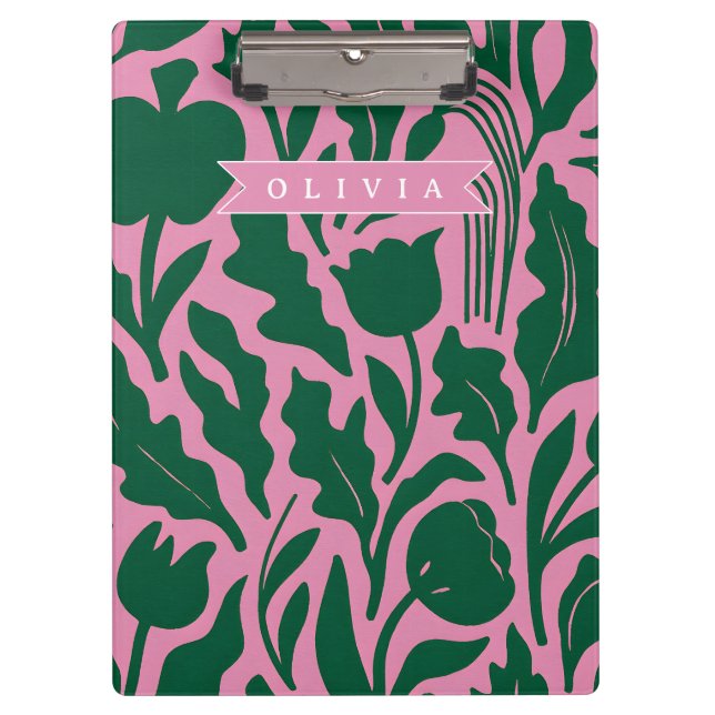 Personalized Bold Pink Botanical Floral Name Gift Clipboard (Front)