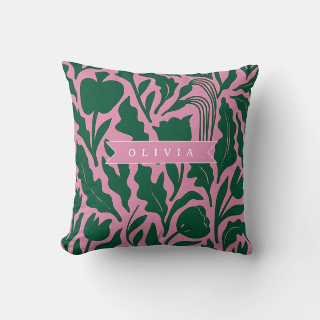 Personalized Bold Pink Botanical Floral Name Gift Cushion (Front)