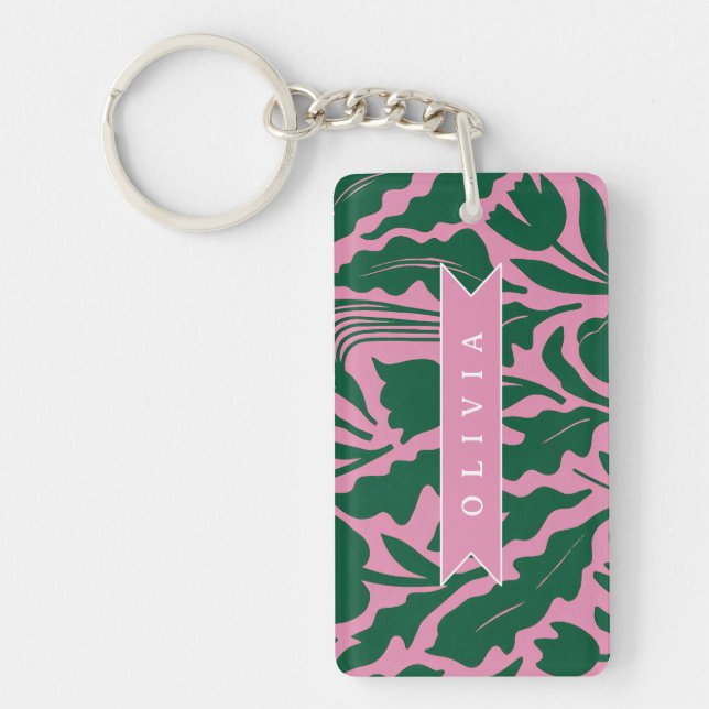 Personalized Bold Pink Botanical Floral Name Gift Key Ring (Front)