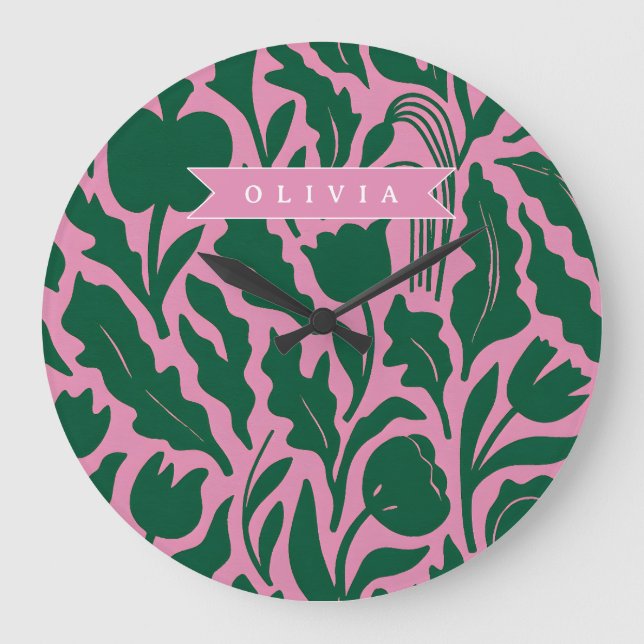 Personalized Bold Pink Botanical Floral Name Gift Large Clock (Front)