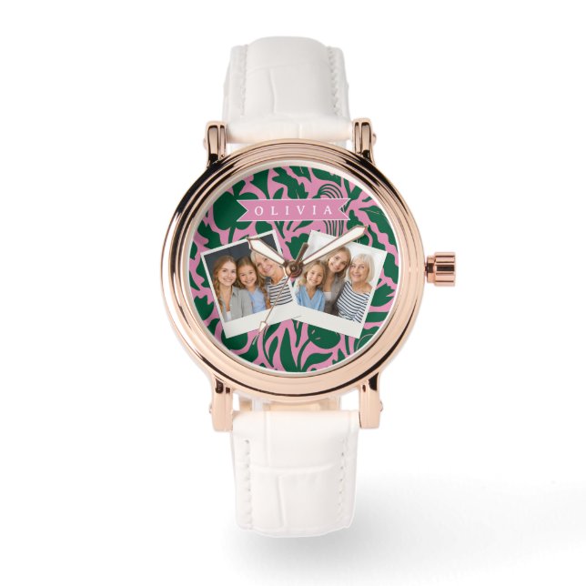 Personalized Bold Pink Botanical Floral Name Gift Watch (Front)
