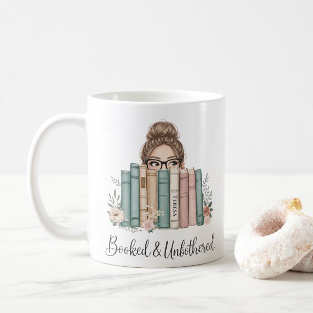 Personalized “Booked & Unbothered” Bookish Reader Coffee Mug (With Donut)