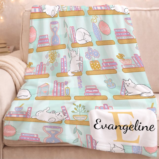 Personalized Bookish Cat Gift Green Pastel Name Fleece Blanket (Creator Uploaded)