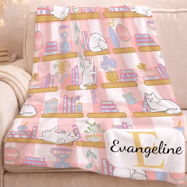 Personalized Bookish Cat Gift Pink Pastel Name Fleece Blanket (Creator Uploaded)